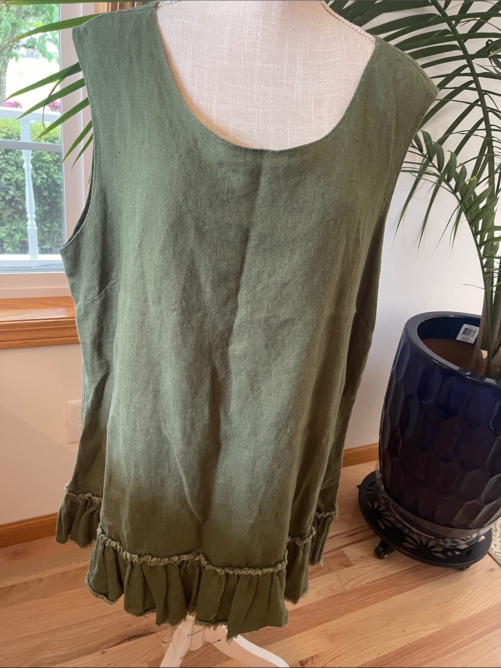 Vintage 316 Olive Sleeveless Linen-Blend Tunic with Ruffle Hem